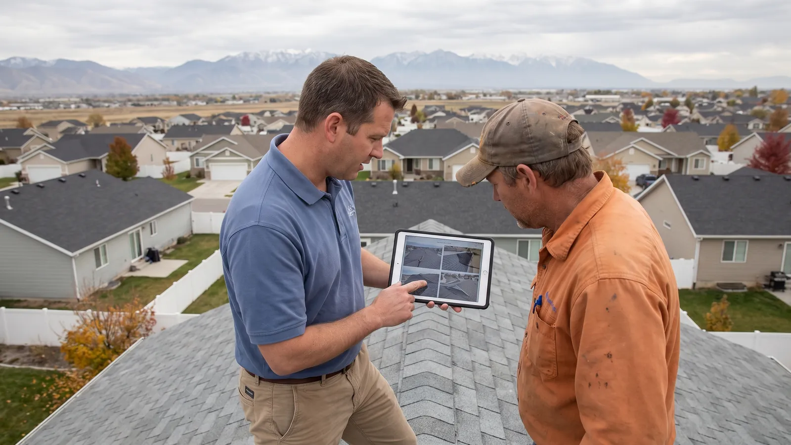 Insurance adjuster and roofing contractor reviewing roof damage photos on a tablet on a shingle roof in Idaho