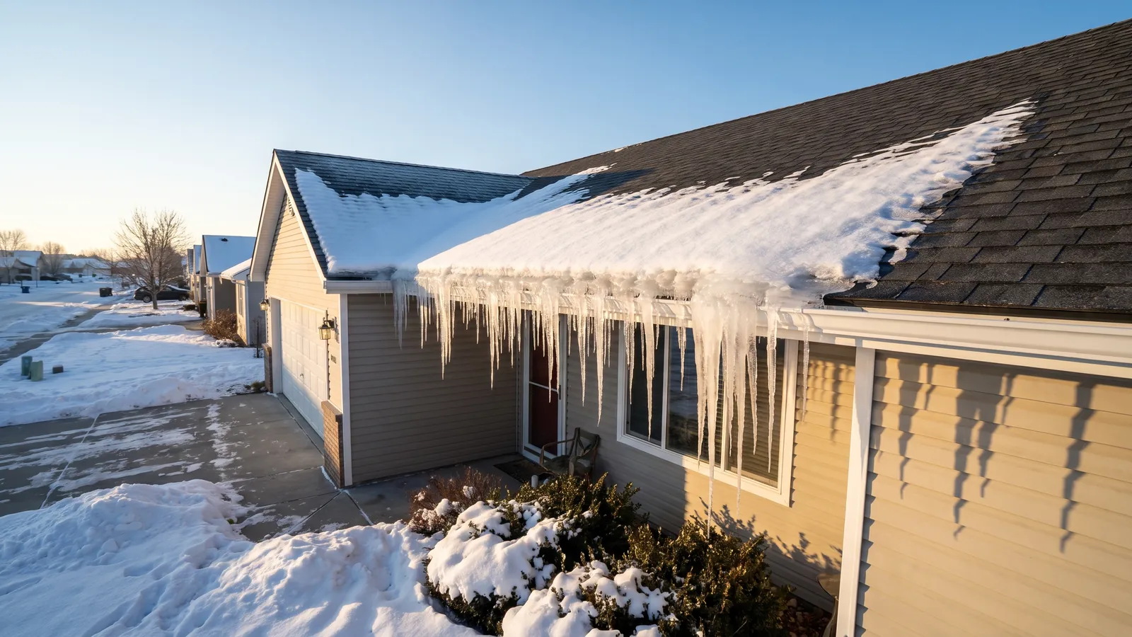 Thick ice dam and icicles along the eave of a snow-covered roof on a winter morning in Idaho