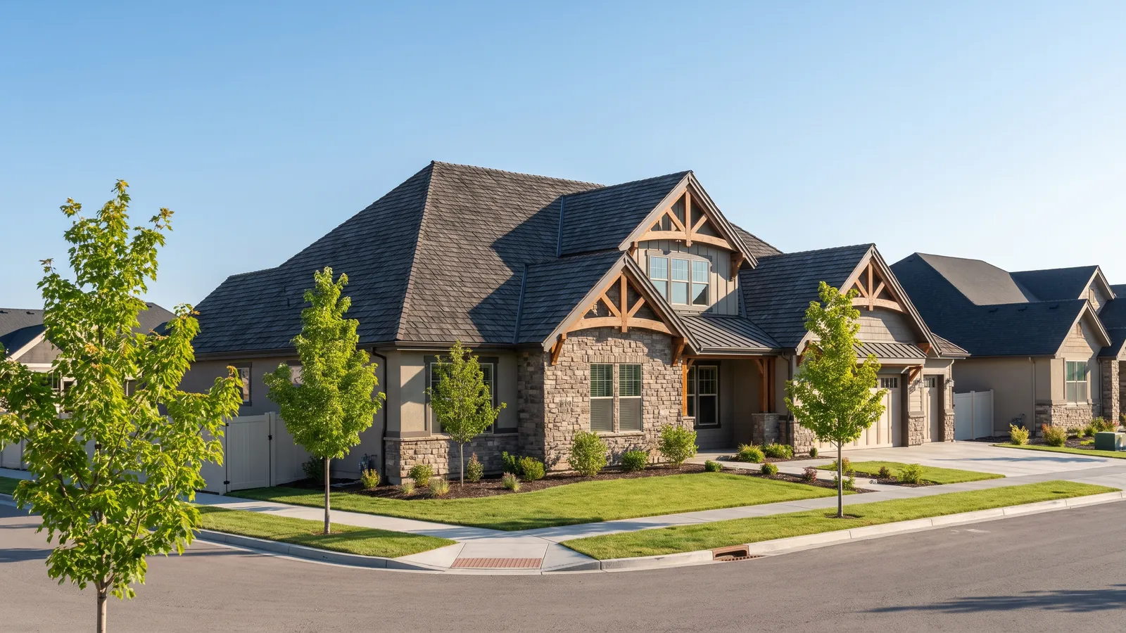 New weathered-wood architectural shingles on a craftsman-style home in a newer Meridian, Idaho subdivision