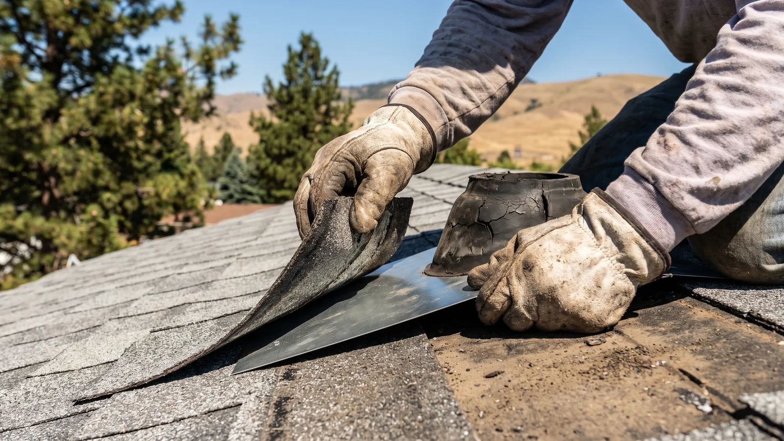 Roofer replacing a cracked pipe boot and step flashing on a gray asphalt shingle roof in Idaho