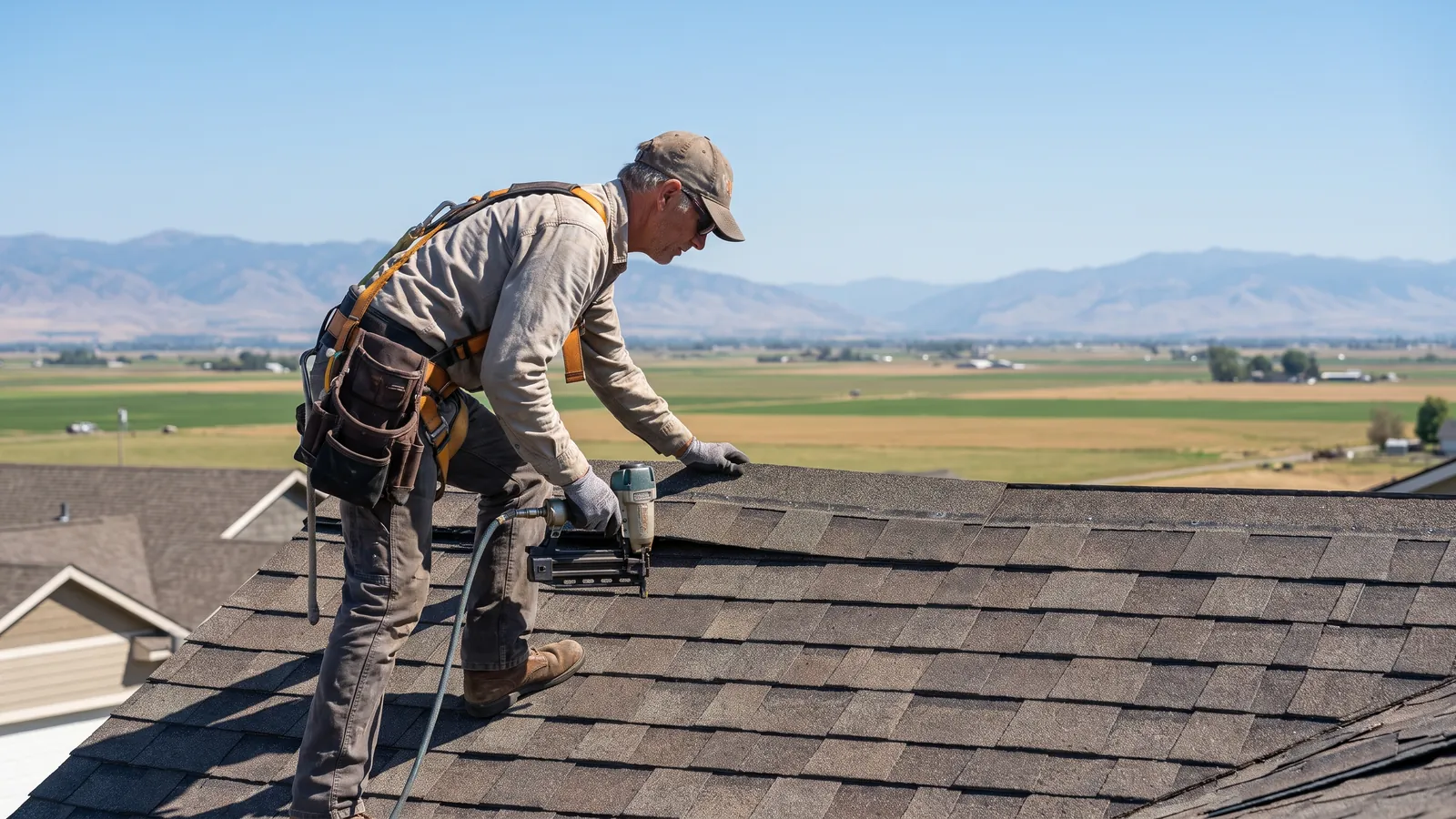 Ridge vent being installed along the peak of an asphalt shingle roof under a clear Idaho sky