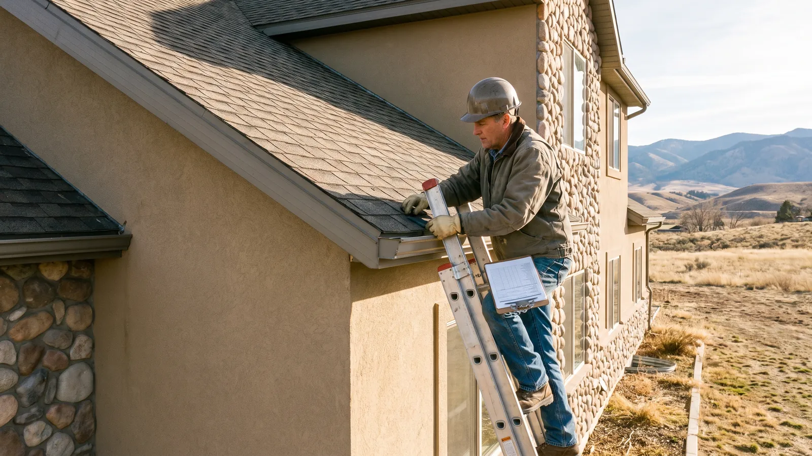 Roof inspector on a ladder checking shingle edges and drip edge on a stucco-and-stone Idaho home