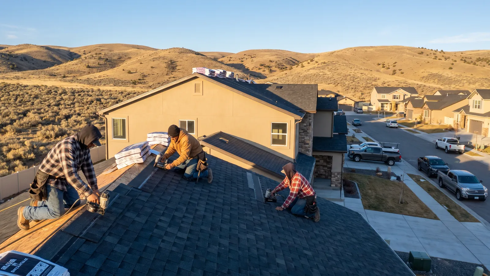 Roofing crew laying new charcoal architectural shingles on a two-story home in a Meridian, Idaho subdivision with the Boise foothills behind