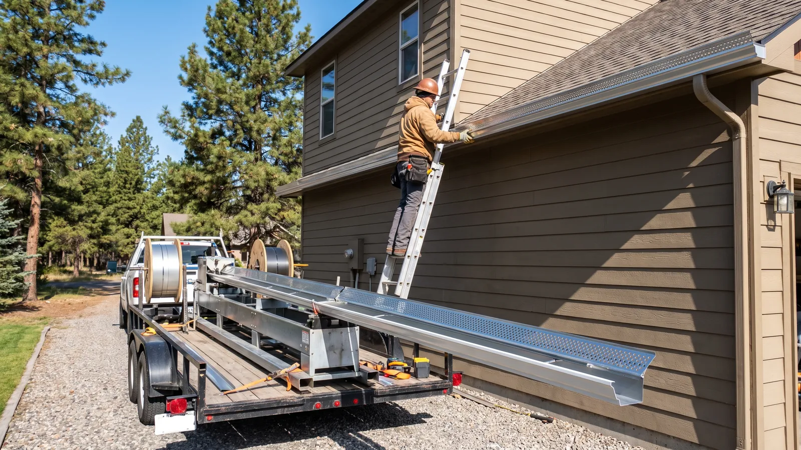 Technician installing seamless aluminum gutters with guards on a two-story home in Idaho